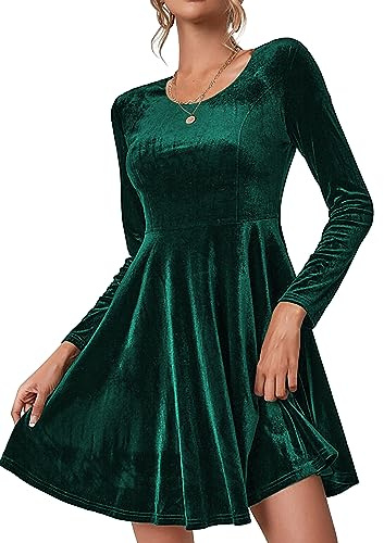 Zeagoo Vestito Donna Invernale Velluto Abito Natalizio Elegante Manica Lunga Girocollo Capodanno Dress Abiti da Sera Autunno Inverno Cerimonia Cocktail Vintage Festa Sera Verde Scuro L