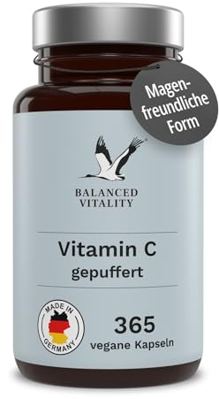 Vitamin C - 365 Kapseln Vegan - bis 1000 mg hochdosiert - gepuffert (pH-neutral, säurefrei & magenschonend) - ohne Zusatzstoffe - laborgeprüft - Balanced Vitality