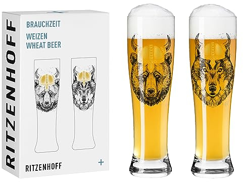 RITZENHOFF 3481008 Weizenbierglas 500 ml - 2er Set - Serie Brauchzeit - Tier Motiv, Gold und Schwarz - Made in Germany