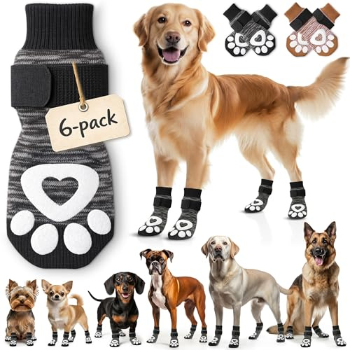 Anti Slip Dog Socks - 6 Pack | Dog Socks to Prevent Paw Licking, Add Traction, Keep Warm & Protect from Hot Pavement | Paw Protection for Senior Dogs for Hardwood Floors | Dog Booties - XL