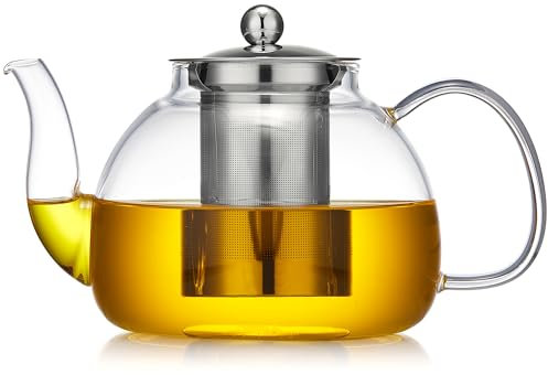 Glass Tea Pot with Infuser and Lid 1300ml/44oz, Paperless Borosilicate-Glass Carafe, Tea Kettle for Flower Tea