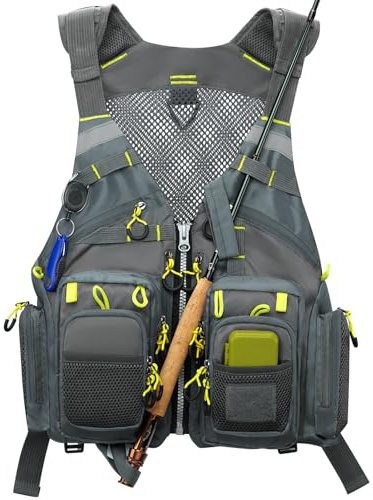 Gonex Fly Fishing Vest for Men Women, Comfortable Adjustable Fishing Vest with Multi-Pockets Reflective Stripes, Gray+Yellow