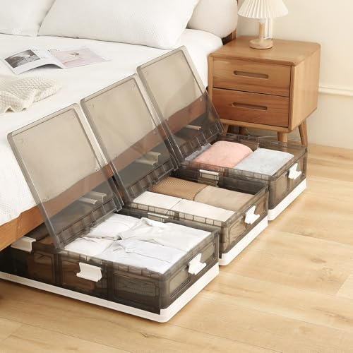 Jmudren Under Bed Storage Containers with Wheels - Stackable, Foldable Plastic Storage Boxes with Lids for Clothes, Shoes, Blankets - Perfect for Bedroom Organization and Dorms
