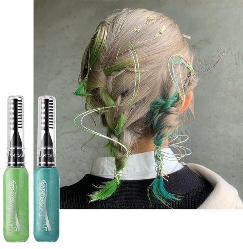 Green Hair Chalk Set, 2PCS Bright Peacock Green Color Hair Mascara Washable, Temporary Hair Dye, Coloured Spray with Comb Wash Out, Girls Gift for Party Cosplay（15ml+15ml）