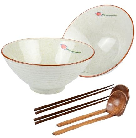Henrrida Ramen Bowls Set of 2 with Chopsticks Ramens Spoon 1200ml Japanese Style Soup Bowl Microwave Safety Ceramic Bowl,Suitable for Salads,River Noodles, Pasta