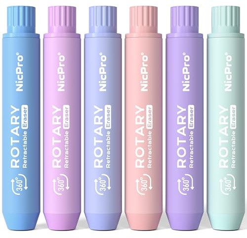 Nicpro 6 Pack Rotary Retractable Erasers, Soft TPE Rubber Twist Large Pencil Erasers in Cute Macaron Colors, Clean-Erasing Eraser for Kids & Students, School Office Supplies Stationary Set