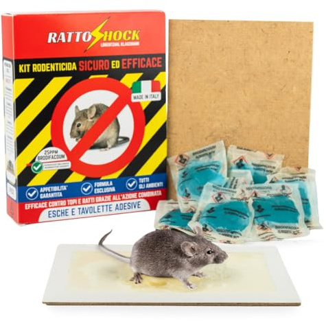 Veleno per topi RATTO SHOCK - Kit Rodenticida Composto da 2 Tavolette Adesive + 150 Grammi di esche per topi in pasta fresca - Sicuro per Famiglia e Animali Domestici - Made in Italy