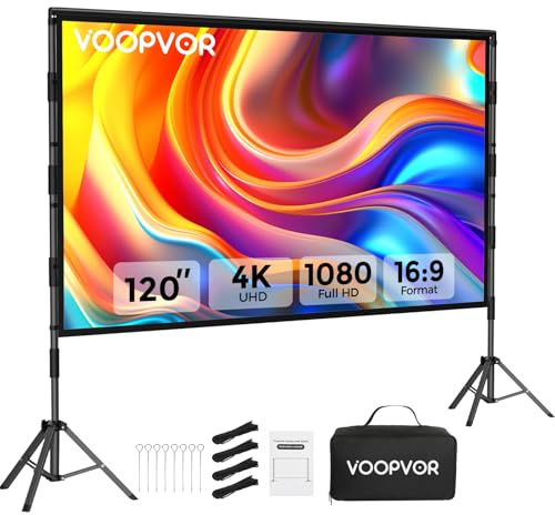 Outdoor Projector Screen with Stand: VOOPVOR 120 inch Portable Projector Screen Indoor - Upgraded Movie Screen 16:9 4K HD - Wrinkle-Free Lightweight Projection Screen with Carry Bag for Backyard Night