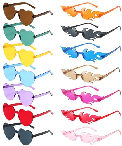 ASFWAGQ Herz Flammen Sonnenbrille,Partybrille,14 Stück Bunte Sonnenbrillen Set,Karneval Farbe Brille Kinder Erwachsene Lustig Brillen für Fasching Foto Requisiten Geburtstagsfeier