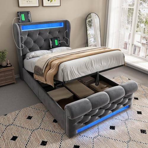 EURHCIO Lit 1 Place 90x200cm avec Espace de Rangement Hydraulique et Port USB Type-C,Lit Coffre avec Lampe LED et Sommier à Lattes,Tissu Velours,pour Adulte Adolescent,sans Matelas (Gris, 90x200)