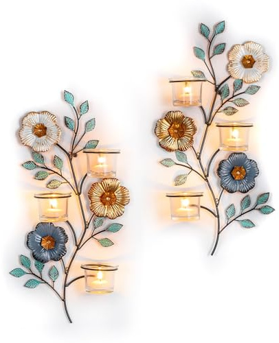 Sziqiqi Aplique Velas Pared Decor: Portavelas Pared Juego de 2 con 6 Vasos Vidrio - Candelabro Metal Colorido Flor y Hoja como Arte Pared para Salón Baño Dormitorio Chimenea