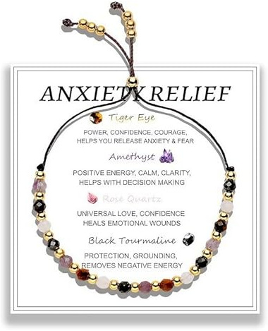 CHUANFU Bracelet Pierre Naturelle Femme avec Oeil de Tigre, Tourmaline Améthyst, Bracelet Anti Stress avec Carte, Cadeau Noel Femme, Bracelets Chakras Guérison pour Yoga, Méditation et Reiki