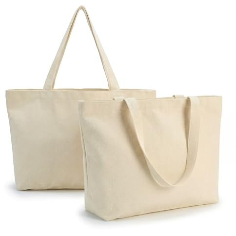 RJTCXJS 2 shoppingpåsar, tygpåse för målning, bomullsväska med handtag (42 x 32 x 10 cm), beige