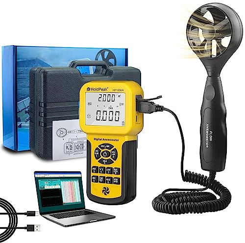 Anemometro Digitale Portatile HoldPeak Anemometro Digitale per Esterno per CFM CMM HVAC, Temperatura del Flusso D'aria, Misuratore di velocità del Vento con Retroilluminazione e Porta USB HP-856A