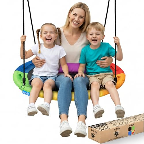 SereneLife Tree Swing Seat, Large Round Saucer Kids Swings, Adults and Kids Nest Swing, Durable Frame, 270kg Capacity, Indoor Outdoor Hanging Rope Swinging Seat for Backyard, Garden and More – Rainbow