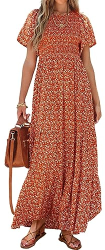 PRETTYGARDEN Women's 2026 Summer Round Neck Short Flutter Sleeve Smocked Ruffle Floral Maxi Dress Flowy Maternity Dress ​(Orange,Large)