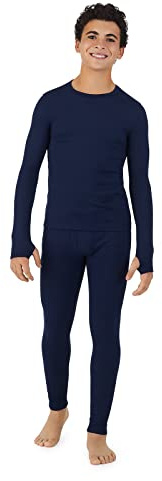 Cuddl Duds Boys Heavyweight Fleece Lined 2 Piece Thermal Underwear Set – Long Sleeve Shirt & Leggings Base Layer for Cold Weather – Winter Clothing Long Johns Lounge Sets for Kids, Navy, XL