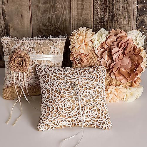 BYNYXI Vintage Hochzeit Ringkissen, Jute Ringkissen Brautkissen mit Schleife Ehering Kissen Spitze Blumen Ringschachtel Ringhalter Stickerei Ringkissen für Verlobungs Hochzeitszeremonien,19cmx19cm