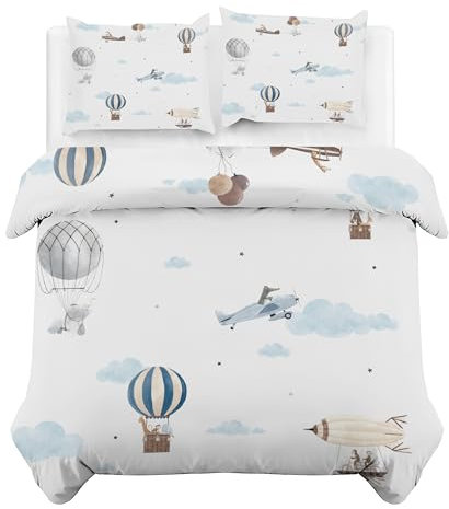 Globo AerostáTico Funda Nordica Cama 90 Infantil AvióN Ropa de Cama 3 Piezas, Microfibra Suave Transpirable Funda de Edredon Nordico 150x220 cm y 2 Funda de Almohada 50x75 cm, con Cremallera