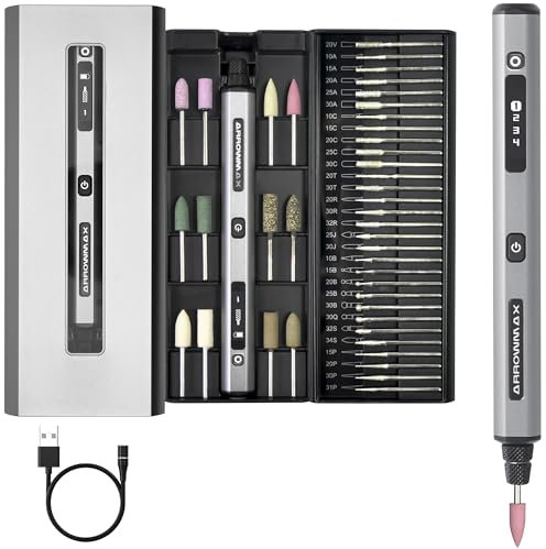 ARROWMAX Mini-Gravierstift, HollowCup-Motor, 42 Bits mit Aluminiumgehäuse, OLED, magnetische Ladung, Mini-Rotationswerkzeug, kabelloser Gravierstift für Schmuck, Metall, Glas und Kunststoff (SGS)