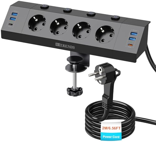 Multiprise de table à 4 prises avec USB C (PD 20 W) - Multiprise d'angle de bureau - Commutable individuellement - Avec câble de 2 m - Noir 002 m