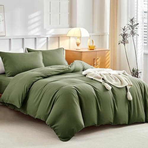 Tokokimo Juego de ropa de cama doble de 4 piezas, fundas de almohada, sábana ajustable para colchón de 40 cm y funda de edredón, microfibra ultrasuave (verde oliva, doble de 4 piezas)