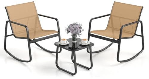 COSTWAY Salon de Jardin 3 Pièces avec Chaises à Bascule Table en Verre, Ensemble de Meuble Extérieur 2 Fauteuils Cadre Métallique Charge 150KG, pour Porche Bord de Piscine Balcon (Marron)