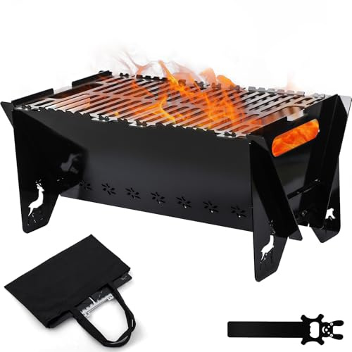 REDCAMP Heavy-Duty Camping Fire Pit with Grill Grate & Poker, Large Portable Wood Burning Firepit for Outdoor BBQ, Picnic, Garden, Patio - Includes Carry Bag, 16x9x8, Black