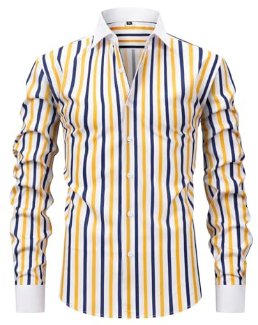 Chemise rayée à manches longues pour homme - Coupe droite - Décontractée - Respirante - Boutonnée - Chemise de loisirs - Chemise d'été - Fête de la bière - Chemise traditionnelle, jaune, 3XL