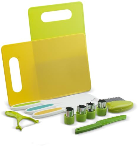 Juego de 13 cuchillos infantiles para cocinar adecuadamente, herramientas de cocina para niños pequeños, juego de cuchillos para niños pequeños, tabla de cortar, cortador de crepitar, juguete de