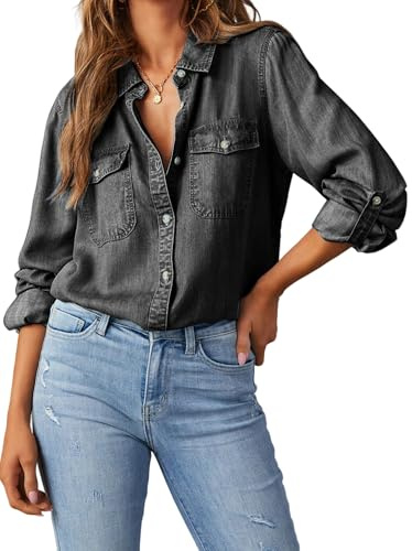 Kouoybt Camisa vaquera de manga larga con botones para mujer, estilo casual, holgada, vintage, con bolsillos, A-gris oscuro, L