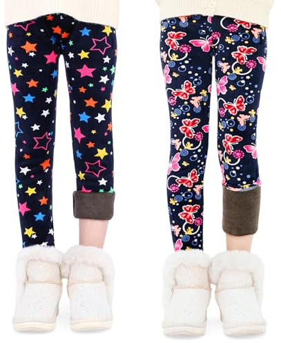 FILOWA Leggings Térmicos para Niña 2-Pack Forro Polar Pantalones Infantiles Estrellas Estampado Negro Largos Calentitos Mallas Cálido Stretch Legging Otoño Invierno Alta Elásticos Malla para 6-7 Anos