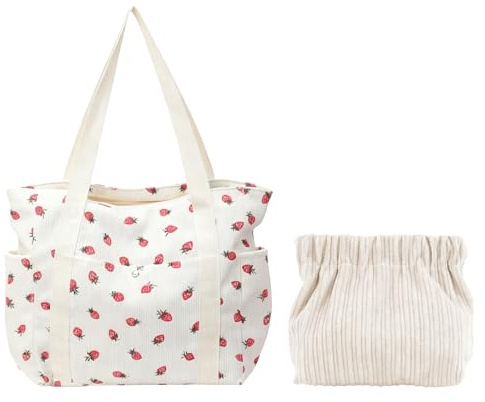 Rieoany Borsa Fragola Tote Bag Donna, Shopping Bag Donna con Chiusura, Capiente Borsa da con Pochette, Beige Stampa Fragola