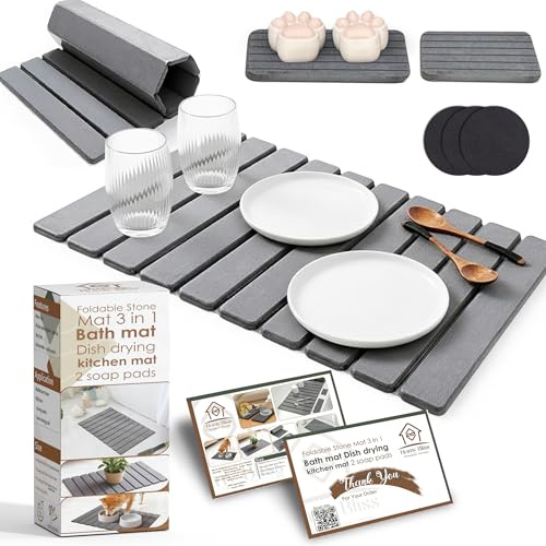 Large Stone Dish Drying Mat for Kitchen Counter, Foldable Quick Dry Stone Dish Mat, Diatomaceous Earth Water Absorbing Pad for Plate Utensils Rack Bottles, Any Countertop (Dark Gray 24×16 & 2*8x4)