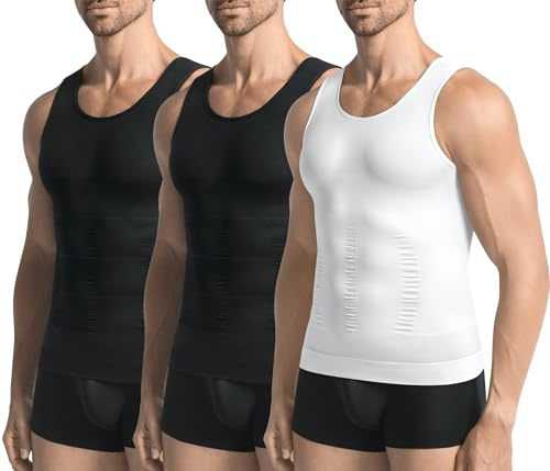 JESIDO 3 Pack Compression Shirt Men Slimming Body Shaper Tummy Control Vest Workout Tank Top Shapewear Black/White/White