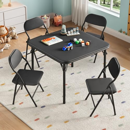 Aptliton 5-Piece Kids Folding Table and Chairs Set, Black | Children's Upholstered Square Card Table & Soft Cushion Chairs, Toddler Activity Furniture, Metal Frame, for Daycare Playtime