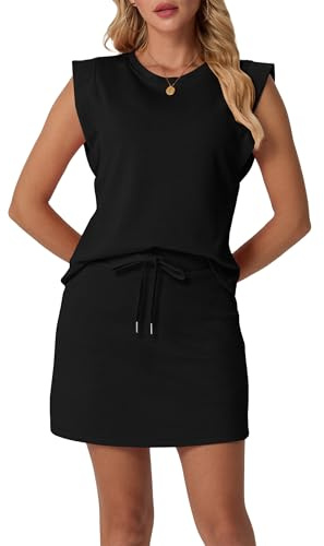 GRECERELLE Two Piece Outfits Women Summer Skort Set Tracksuit Womens Full Set Cap Sleeve Round Neck Top & Tennis Skirt with Pockets for Athletic & Casual