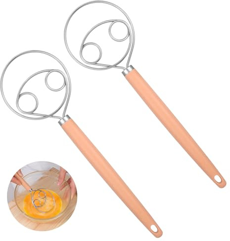 TIESOME 2 stycken dansk degkvast, rostfritt stål degvisp med långt trähandtag 34 cm snabb blandning för bröddeg, surdeg, dansk whisk brödbaktillbehör