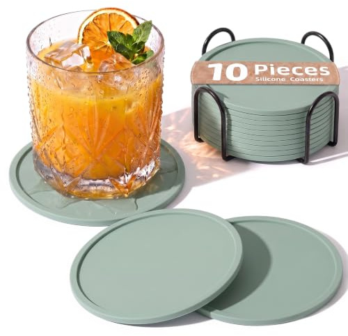 HELIMIAO Coasters Set of 10 with Holder Non-Stick Drink Coasters for Wooden Table Protection, Silicone Round Coaster Set for Coffee Table, Decorative Home Accessories for Bar & Kitchen, Sage green