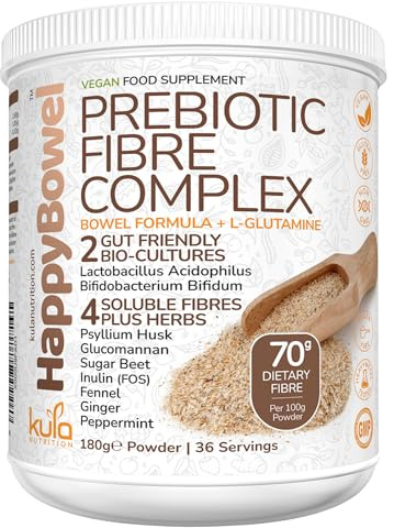 HappyBowel - Soluble Fibre Supplement - Dietary Fibre Powder - Psyllium Husk, Inulin FOS, Glucomannan, Beet, L-Glutamine, Peppermint, Prebiotics and Probiotics for Gut Health - Mix with Water - 180g