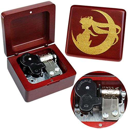 Sinzyo Sailor Moon Music Box Vintage Wood Carved Wind Up Musical Box Gift For Christmas,Birthday,Valentine's Day(Wine Red Box)