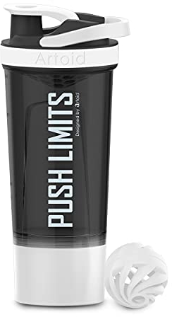 Artoid Inspirational Fitness Workout Sport Protein Shaker Flasche 680 ml, Kunststoff, Dual Mixing Technology with Shaker Balls & Mixing Grids Included, Twist and Lock Protein Box Storage Included