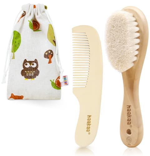 haakaa Lot de 2 brosses à cheveux et peigne pour nouveau-nés et tout-petits – Poils en laine douce naturelle et manche en bois pour toiletter doucement les cheveux de bébé, idéal pour le berceau
