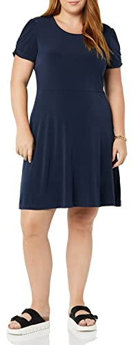 Amazon Essentials Vestido Acampanado con Cuello Redondo y Manga Corta Fruncida (Disponible en Tallas Grandes) Mujer