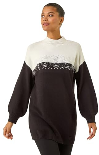 Roman Originals Colourblock Embellished Longline Jumper for Women UK - Ladies Autumn Everyday Winter Holiday Funnel Neckline Comfy Long Sleeve Soft Top Warm Sweaters - Black - Size 14