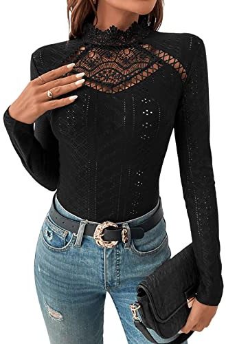 GORGLITTER Bodysuit Elegante para Mujer con Cuello Redondo y Detalles de Costura con Ojales, Bodys de Manga Larga con Inserción de Encaje, Negro , S