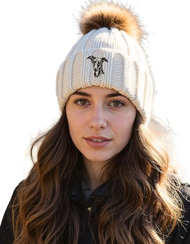 The House Of Dog Whippet Owner Gift. Faux Fur Pom Pom Chunky Knit Super Soft Unisex Embroidered Beanie Hat Oatmeal