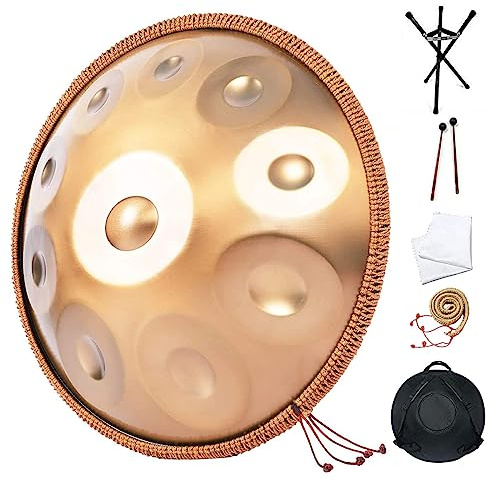 LSZMXI Harmonisk Handpanna Trumma, Handpan-instrument, D Mindre 10 Ton 22 Tum Stål Med Handpanhållare, Hållbara Hammare Och Dammtät Duk, 440 Hz Guld