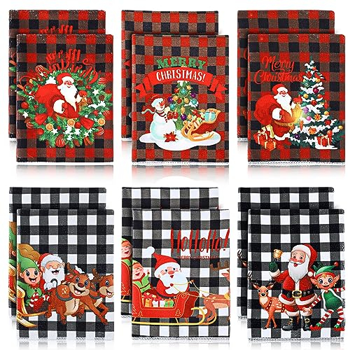 12 Stück Weihnachts-Handtücher, Weihnachten, Weihnachtsmann, Rentier, Schneemann, Baum, kariert, bestickt, Badezimmer, Küche, Baumwolltücher, saugfähige Weihnachtshandtücher, Weihnachts-Waschlappen,