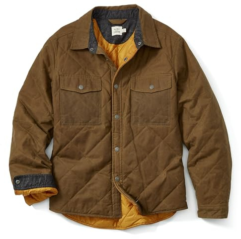 Huckberry Flint and Tinder Men's Quilted Waxed Shirt Jacket, Lightweight Waxed Canvas Shell, Brown w/Orange Lining, L
